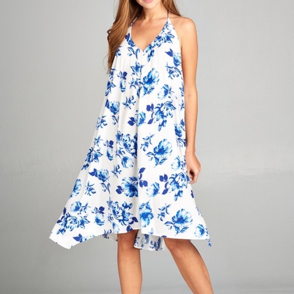 Back2Basics Dresses & Skirts - Halter Neck Blue White Floral Asymmetrical Dress